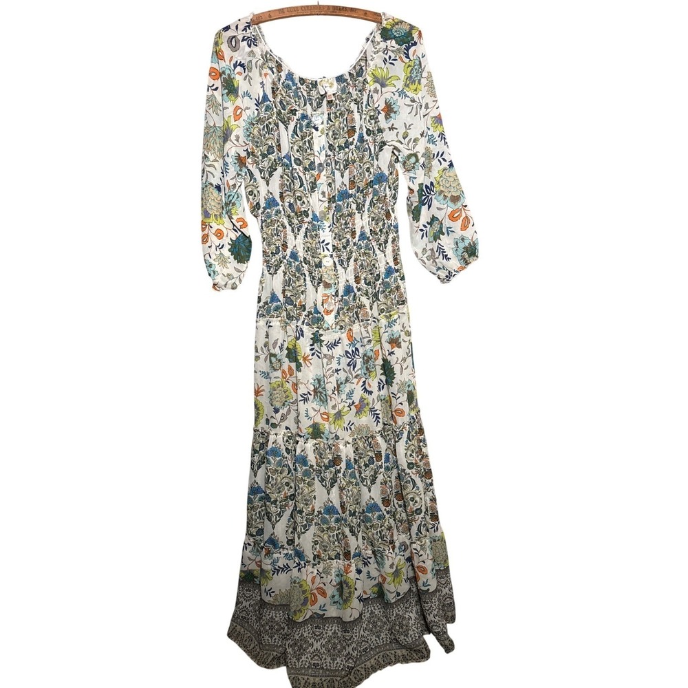 Fig and Flower Floral Maxi Dress Women M Smocked Waist Button Front Boho Cottage